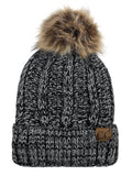 C.C Thick Cable Knit Faux Fuzzy Fur Pom Fleece Lined Skull Cap Cuff Beanie