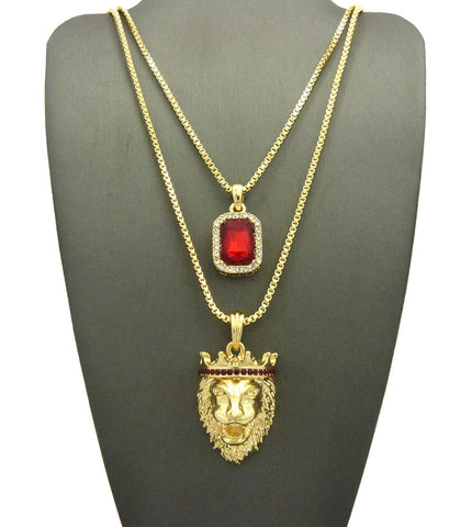 Black Stone Crown King Lion & Gemstone Pendant Set w/ Chain Necklace