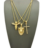 Praying Angel, King Lion, & Single Row Cross Pendant Set w/ Gold-Tone Ball Chain Necklaces
