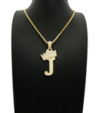 Stone Stud Allover Tilted Crown Initial J Pendant w/ 2mm 24" Box Chain Necklace, Gold-Tone