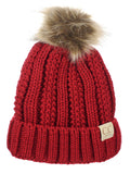 C.C Kids' Children's Cable Knit Faux Fuzzy Fur Pom Fleece Lined Cuff Beanie