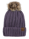 C.C Thick Cable Knit Faux Fuzzy Fur Pom Fleece Lined Skull Cap Cuff Beanie