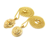 Solid Narrow Lion Head Medal & 3D Lion Head Pendant Set 2mm 24" & 30" Ball Chain Necklace in Gold-Tone