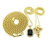 Colored Gemstone & Hip Hop Pendant Set on Box Chains with Cuban Chain in Gold-Tone