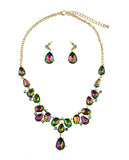 Hanging Teardrop Green Tint Aurora Borealis Stone Necklace and Dangling Earrings Set in Gold-Tone