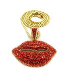 Stone Stud Lips pendant w/2mm 18" Box Chain Necklace, Gold-Tone/Red Stone