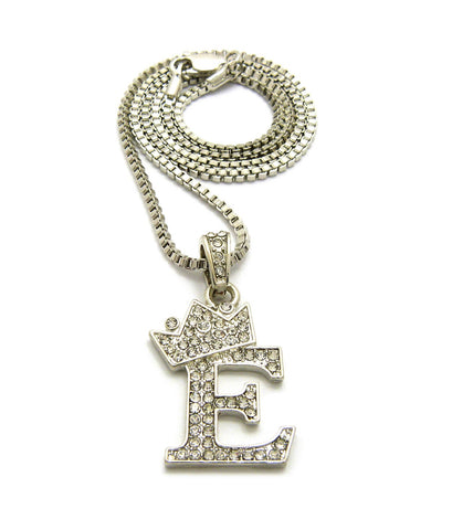 Unisex Stone Stud Tilted Crown Letter Initial Micro Pendant 2mm Box Chain Necklace, 20", E