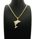 Stone Stud Diving Dolphin Pendant w/ Chain Necklace, Gold-Tone