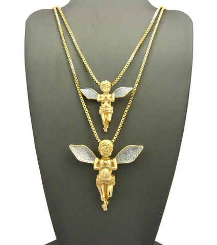 Silver-Tone Dusted Pray Angel Pendant Set w/ Box Chain Necklaces