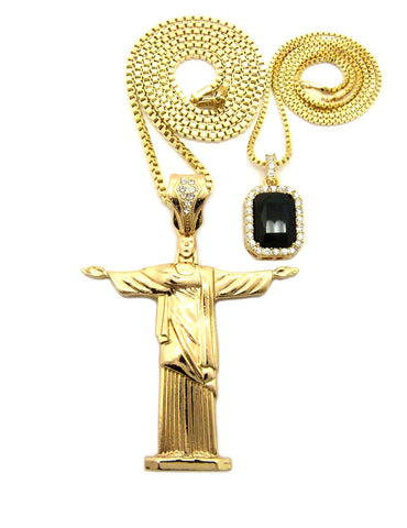 Colored Gemstone & Christ the Redeemer Pendant Set w/ 24" & 30" Box Chain Necklaces in Gold-Tone