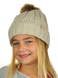 C.C Kids' Children's Cable Knit Faux Fuzzy Fur Pom Fleece Lined Cuff Beanie