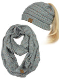 C.C Colorful Confetti BeanieTail Messy High Bun Cable Knit Beanie and Infinity Loop Scarf Set
