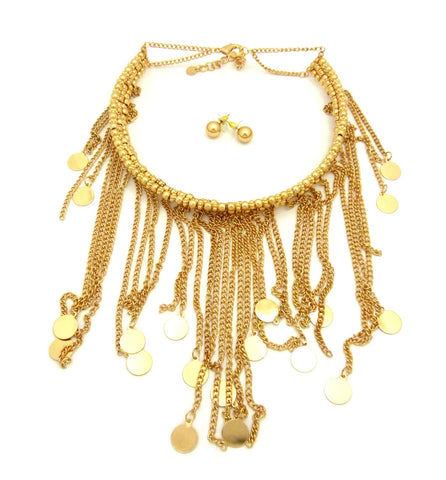 Women's Bohemian Dangling Coin Tassel Necklace and Ball Earring Set in Gold-Tone