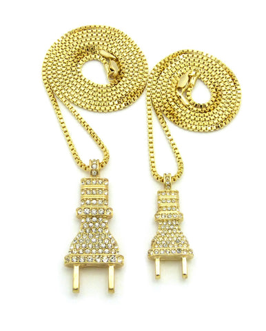 Dual Stone Stud Power Plug Pendant Set w/ Gold-Tone Box Chain Necklaces - 2049G