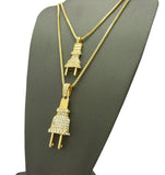 Dual Stone Stud Power Plug Pendant Set w/ Gold-Tone Box Chain Necklaces - 2050G