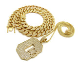 Hip Hop Rapper's Style Iced Out Cuban Chain & Stone Stud CMG pendant with Box Chain Necklace Set