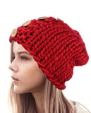 NYfashion101 Wood Button Accent Handmade Big Loop Winter Knit Beanie Hat