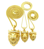 King Lion Pendant Triple Set w/ Rope, Snake and Cuban Chain Necklaces in Gold-Tone