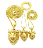King Lion Pendant Triple Set w/ Rope, Snake and Cuban Chain Necklaces in Gold-Tone