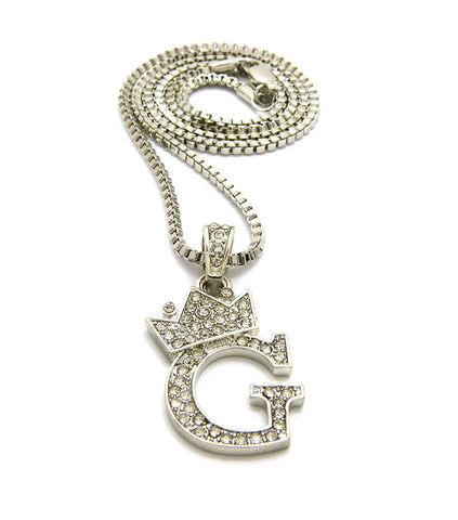 Unisex Stone Stud Tilted Crown Letter Initial Micro Pendant 2mm Box Chain Necklace, 20", G
