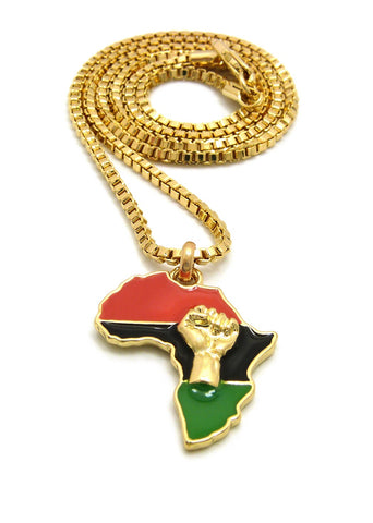 Power Fist on Pan Africa Continent Micro Pendant with 2mm 24" Box Chain Necklace, Gold-Tone