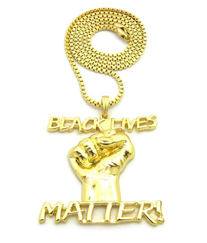 Raised Fist Between Black Lives Matter! Pendant w/3mm 30" Box Chain Necklace, Gold-Tone