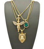 Faux Emerald Stone, Halo Angel & King Lion Pendant Set w/ Multi Length Box Chains in Gold-Tone
