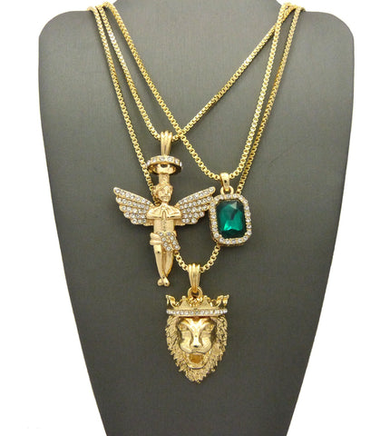 Faux Emerald Stone, Halo Angel & King Lion Pendant Set w/ Multi Length Box Chains in Gold-Tone