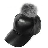 Fur Pom Pom Adjustable Snapback Faux Leather Precurved Baseball Cap