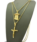 Jesus Face & Slim Crucifix Jesus Pendant Set w/ 2mm 24" & 30" Box Chains in Gold-Tone