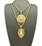 Stone Stud King Lion Medal & King Lion Pendant Set w/ 2mm 24" & 30" Box Chain Necklaces in Gold-Tone