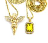 Stone Stud Extended Wing Praying Angel & Colored Gemstone Set w/ 24" & 30" Gold-Tone Box Chains