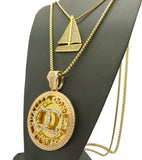 Stone Stud Sailboat & Initials QC Pendant Set w/Box Chain Necklaces, Gold-Tone