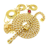 Ruby Red Stone, Praying Angel, King Lion Pendant w/ Gold Plated Cubic Zirconia Stone Chain & Bracelet Set