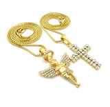 2 Row Stone Cross & Stone Stud Halo Angel Pendant Set w/ 24" & 30" Box Chain Necklaces in Gold-Tone