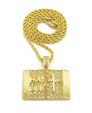 Stone Stud Opened Holy Bible Pendant Cuban Chain Necklace, Gold-Tone