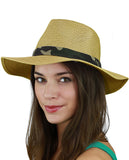 C.C Teardrop Dent Paper Woven Panama Sun Beach Hat with Camouflage Band