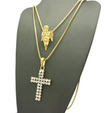 Praying Angel & 2 Row Stone Cross Pendant Set w/ 24" & 30" Box Chain Necklaces in Gold-Tone