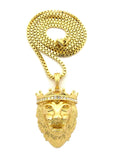 Stone Stud Crown King Lion Head Pendant w/ Chain Necklace