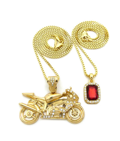 Ruby Red Gemstone & Stone Stud Motorcycle Pendant Set w/ 2mm 24" & 30" Box Chains in Gold-Tone