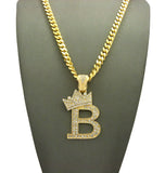 Stone Stud Allover Tilted Crown Initial B Pendant w/6mm 24" Box Cuban Chain, Gold-Tone